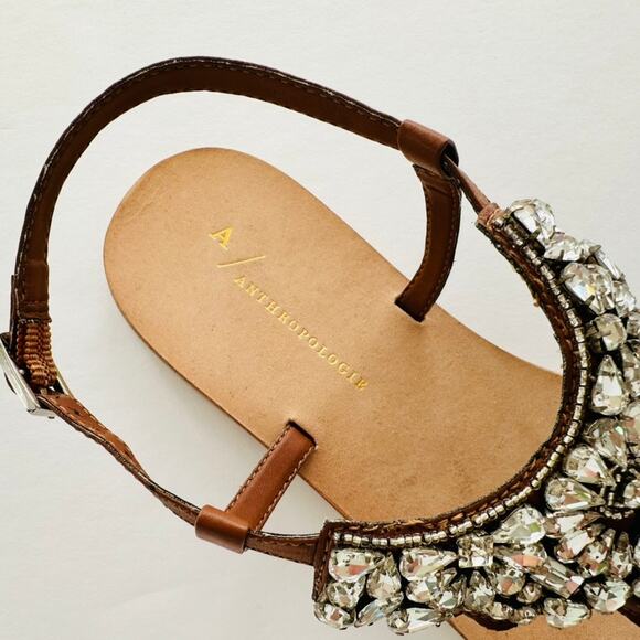 Anthropologie Crystal Thong Brown Leather Sandal US 9 NEW Flat Made in India - Picture 3 of 6
